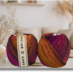 Pode incluir: Dois novelos de lã em tons de roxo, laranja e amarelo. Cada novelo tem uma etiqueta com texto japonês. A lã é bem enrolada, mostrando as variações de cor. Ideal para projetos de tricô ou crochê.