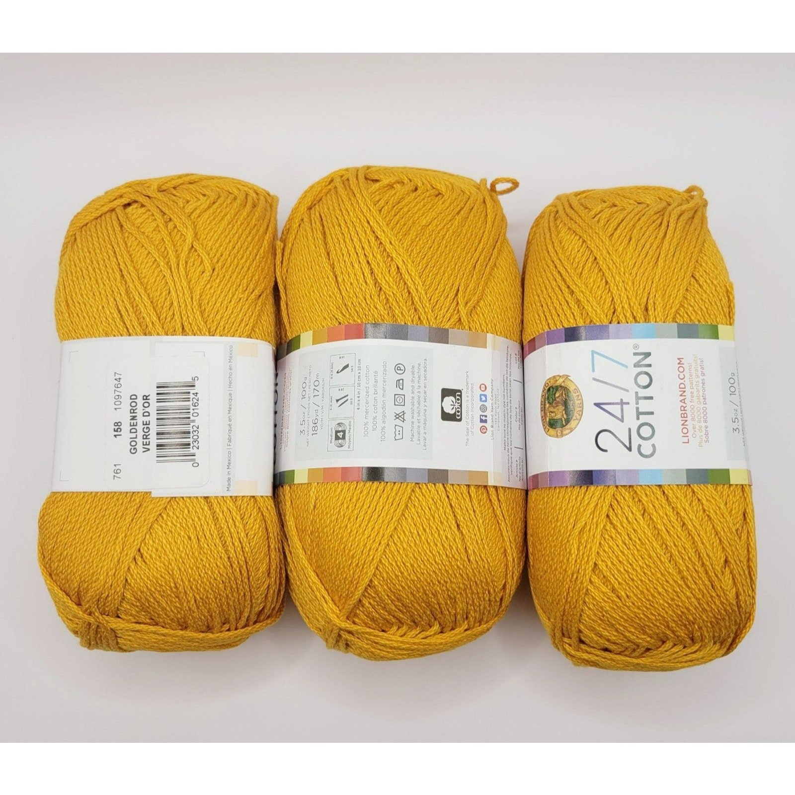 Lion Brand 24/7 Cotton Yarn, Yarn for Knitting, Crocheting, and Crafts,  Goldenrod, 3 Pack