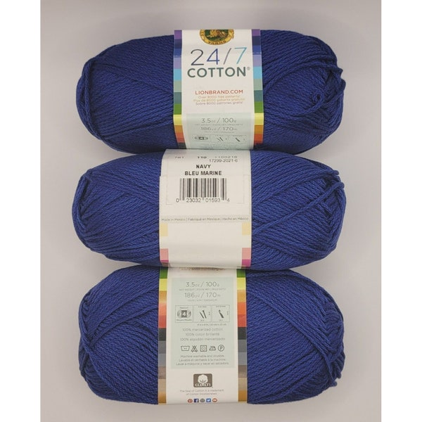 Lion Brand 24/7 100% Mercerized Cotton Yarn Lot of 3 in Navy, soft cotton yarn, mercerized cotton yarn, knitting yarn, beautiful yarn