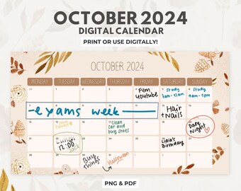Editable OCTOBER 2024 DIGITAL Calendar, Halloween, Homeschool Planner, Office Calendar | Pdf + Png | Compatible with canva, goodnotes, adobe