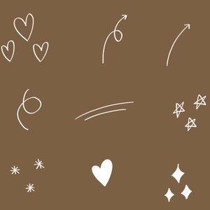 May include: A brown background with white hand-drawn illustrations of hearts, stars, swirls, and arrows.