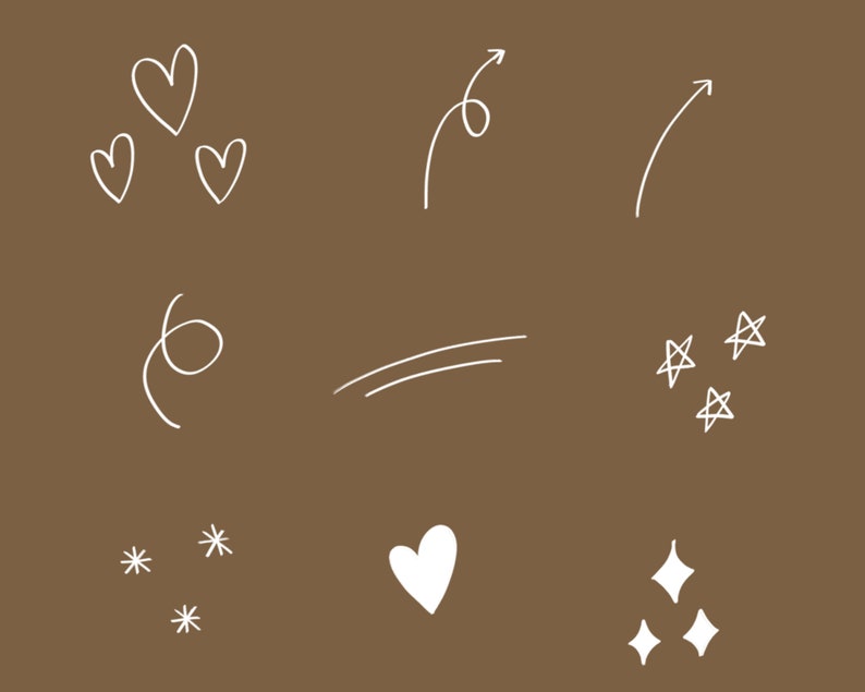 May include: A brown background with white hand-drawn illustrations of hearts, stars, swirls, and arrows.
