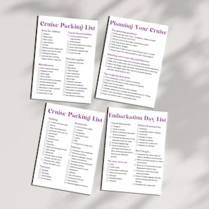 May include: Four printable checklists for planning a cruise vacation. The checklists include items to pack for children, travel documentation, first aid supplies, miscellaneous items, clothing, accessories, toiletries, footwear, pre-planning questions, selecting a cruise ship and itinerary, tips to get the best price, travel documents, clothes and accessories, and things not to forget for your carry-on.
