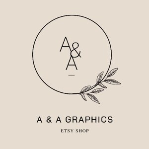 Puede incluir: Logotipo de la tienda Etsy A & A Graphics con un c&iacute;rculo que contiene las letras A & A y una rama estilizada con hojas.