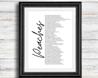 Peaches - Full Song Lyric Poster | DIGITAL DOWNLOAD ONLY | Peaches by Justin Bieber ft. Daniel Caesar and Giveon | Wall Art | Poster