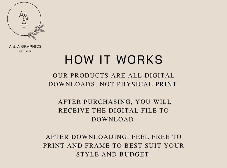 May include: Text explaining how digital downloads work. The text reads: "HOW IT WORKS. OUR PRODUCTS ARE ALL DIGITAL DOWNLOADS, NOT PHYSICAL PRINT. AFTER PURCHASING, YOU WILL RECEIVE THE DIGITAL FILE TO DOWNLOAD. AFTER DOWNLOADING, FEEL FREE TO PRINT AND FRAME TO BEST SUIT YOUR STYLE AND BUDGET."