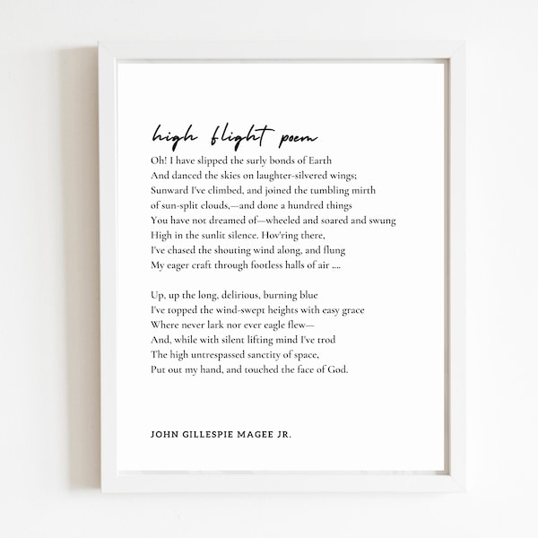 Aviation Poem High Flight "Oh I have slipped the surly bonds of earth" | DIGITAL DOWNLOAD | Pilot Gift | Flight School Graduation | Aviation