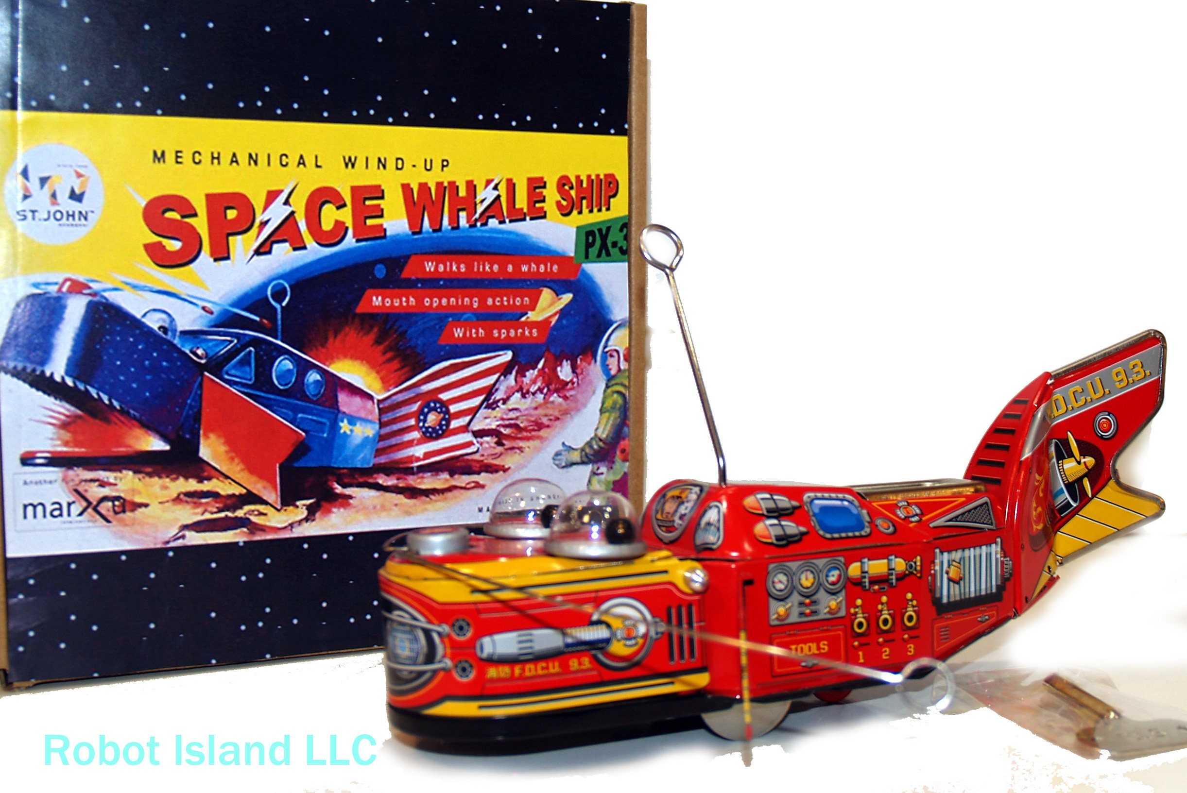 Space Whale Robot Red Tin Toy Windup St. John Toys Edición 
