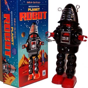 Planet Robot Robby the Robot Windup Tin Toy Black Wind-up Retro Repro