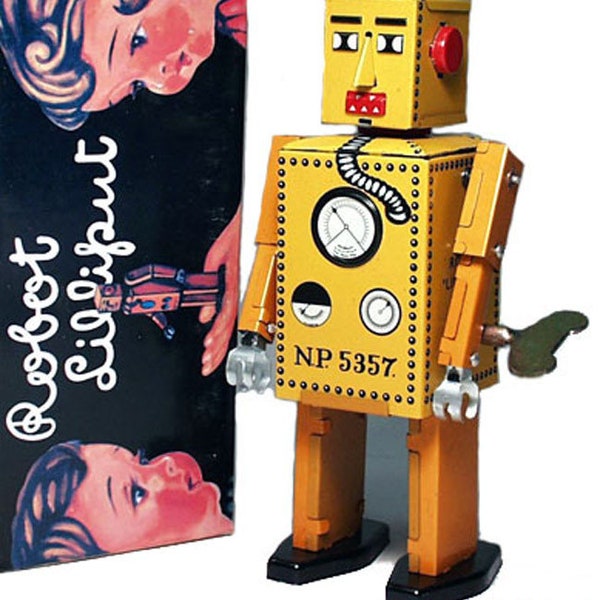Lilliput Robot Windup Tin Toy Wind-up 1940's Yellow repro edition