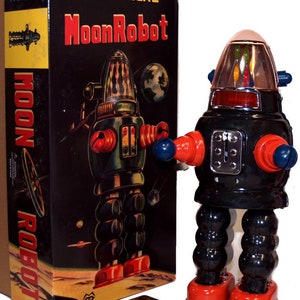 Moon Robot Robby the Robot Tin Toy Windup Ribbon Robot Yonezawa Black - SALE!