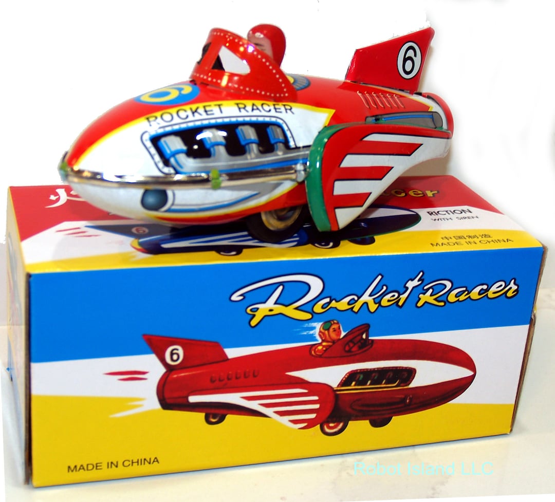 Tin Toy Rocket Racer Space Ship With Engine Sound Friction Power Rare