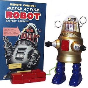 Piston Action Robot Robby the Robot Tin Toy Battery Operated GOLD SALE!