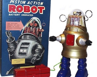 Piston Action Robot Robby the Robot Tin Toy Battery Operated GOLD SALE!