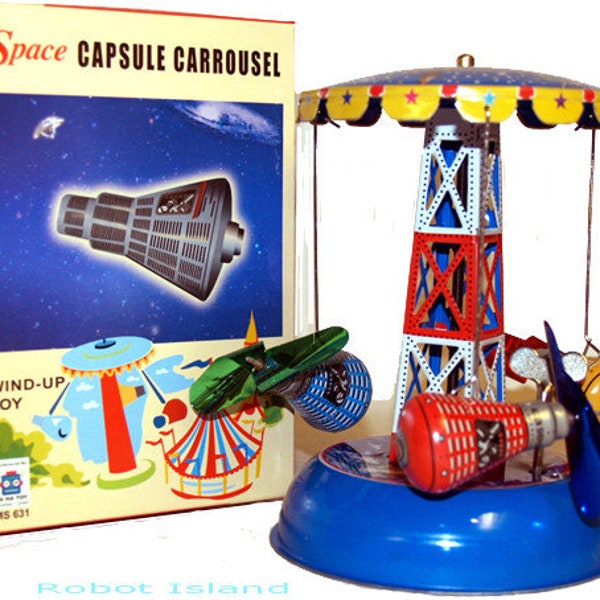 Windup Space Toy Carousel Space Capsule Tin Toy Wind-up