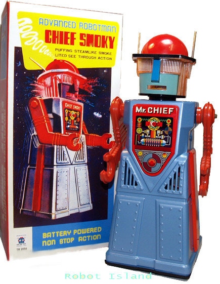 CHIEF SMOKY　チーフスモーキー　HA HA TOY　電動ブリキロボット Chief Smoky Robot Tin Toy Battery Operated Space Toy Vintage