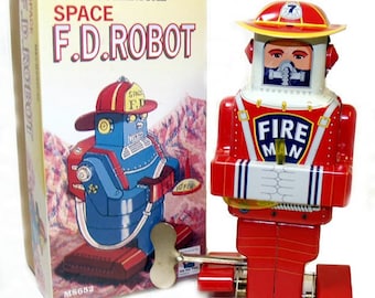 Fireman Robot Windup Tin Toy Collectible Edition 1960's Repro