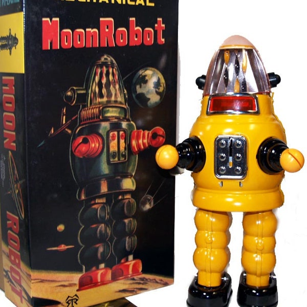 Moon Robot Robby the Robot Tin Toy Windup Ribbon Robot Yonezawa style Yellow