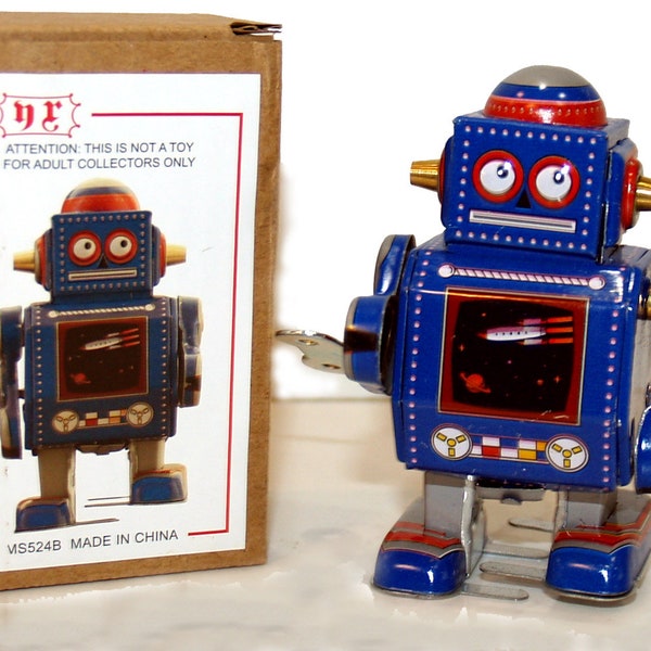 TIN TOY ROBOT Wind Up Retro Collectible Mini Robot Blue Edition