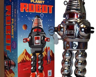 Planet Robot Robby the Robot Windup Tin Toy Chrome Wind-up