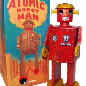 Atomic Robot Man Jätteuppdragbar plåtleksak RÖD grafik 30 cm hög St. John Toys