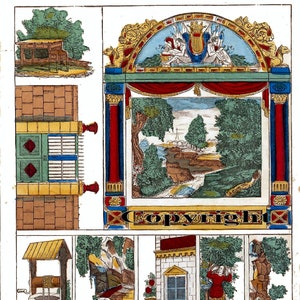 Peut inclure: Un kit de modélisme en papier vintage pour un petit théâtre. Le kit comprend une scène, un fond de scène et plusieurs accessoires, dont un puits, un arbre et une maison. Le kit est imprimé sur du papier épais et est en bon état.