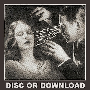 Może przedstawiać: Vintage czarno-biała ilustracja przedstawiająca mężczyznę, który pozornie używa telepatii na kobiecie. Kobieta ma zamknięte oczy, a z jej głowy emanują błyskawice. Tekst "DISC OR DOWNLOAD" znajduje się na dole.