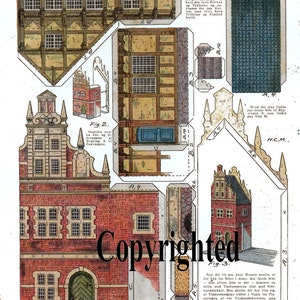 Puede incluir: Kit de modelo de papel vintage para una decoración de ventana de plástico, con diseños arquitectónicos. El kit incluye varios componentes de construcción con ilustraciones detalladas, incluyendo ventanas, puertas y ladrillos. El texto "Copyrighted" es visible.