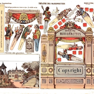 May include: A vintage paper doll set featuring a puppet theater with a red and gold stage and a variety of characters, including a jester, a king, and a queen. The set includes the text "THEATRE DES MARIONNETTES" and "Copyright".