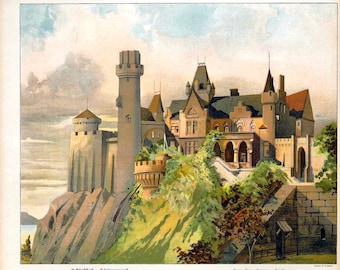 May include: A watercolor painting of a large, gray stone castle on a hilltop. The castle has multiple towers and a large central building with arched windows. The castle is surrounded by green trees and bushes. The sky is blue with white clouds.