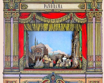 Pode incluir: Um teatro mecânico vintage, colorido e de manivela com uma cena panorâmica de uma cidade com um grande edifício com cúpula. O teatro é feito de cartão e tem uma cortina vermelha e uma placa que diz "Théâtre Mécanique Panorama".