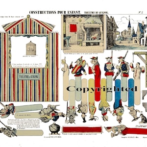May include: A vintage paper doll set featuring a puppet theater and various characters. The set includes a red, white, and blue striped puppet theater, a fireplace scene, a village scene, and a variety of characters, including a jester, a witch, a soldier, and a clown. The paper dolls are printed on thick paper and are ready to be cut out and played with.