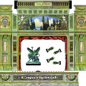 Puede incluir: Un escenario vintage verde y dorado con una cortina roja, una estatua de una figura alada montando un león, y el texto "Anno MCMXVIII" y "Copyrighted".