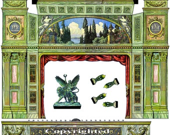 Pode incluir: Um cenário de palco vintage verde e dourado com uma cortina vermelha, uma estátua de uma figura alada montando um leão, e o texto "Anno MCMXVIII" e "Copyrighted".