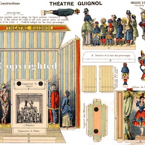 Puede incluir: Un kit de maquetas de papel vintage para un teatro de marionetas, con un escenario colorido, cortinas y personajes. El kit incluye instrucciones de montaje y está etiquetado como "Théâtre Guignol" e "Imagerie d'Epinal, N° 1022 Pellerin".