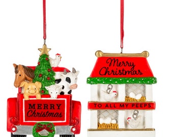 Red Truck & Chicken Coop Ornaments - Merry Christmas 2023, Farm animal ornaments, personalized ornaments, christmas ornaments, pigs, eggs