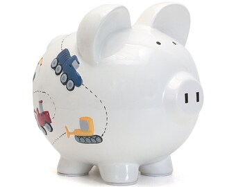 Large White Construction Piggy Bank-piggy-Baby shower gift-Baptism gift-Boy&#39;s Piggy Bank-Excavator-Bulldozer-Truck christmas 2025