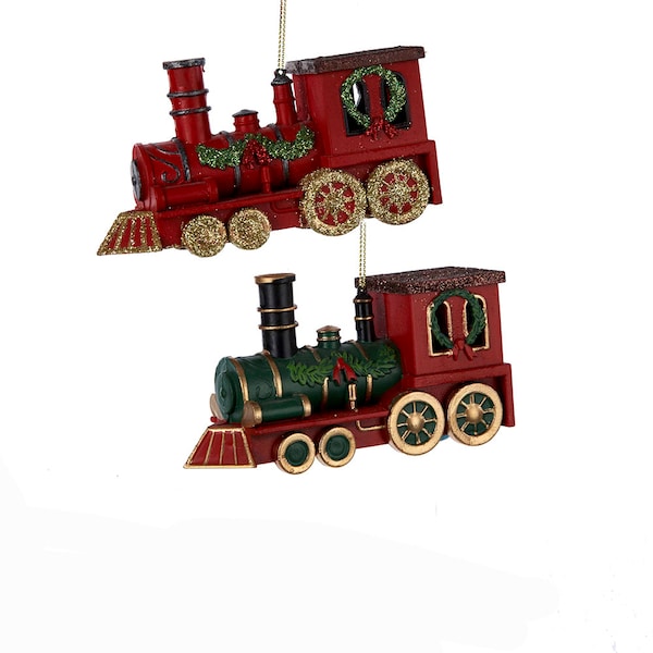 Christmas Train Ornaments, personalized ornaments, christmas ornaments, train lovers, train engine, glittery, gold wheels,green, red garland