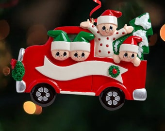 Personalized Red Truck Family of Four Christmas Ornament 2023-Christmas Caravan car-family of 4-santa's hat