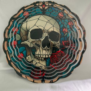 Skull with roses 8” wind spinner, stained glass design, garden decoration