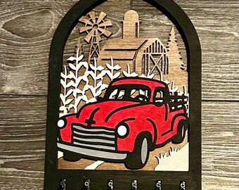 Red truck decor, key hanger, Farm truck, Key holder, Leash hanger, ID Badge hanger