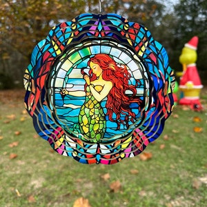 Stained glass mermaid with green scales 8” wind spinner, Beach theme, garden ornament, mermaid