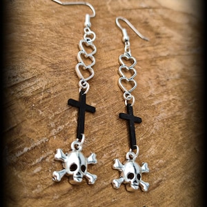 Hanging earrings with skull with cross and hearts, gothic, emo, macabre, skull, silver and black, long loops
