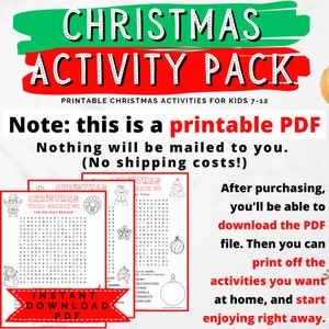 Może przedstawiać: Pakiet aktywności do wydrukowania w formacie PDF dla dzieci w wieku od 7 do 12 lat z czerwono-zielonym paskiem tytułowym z napisem "Christmas Activity Pack". Pakiet zawiera krzyż&oacute;wkę świąteczną i krzyż&oacute;wkę z obrazkiem choinki. Tekst "Uwaga: to jest plik PDF do wydrukowania. Nic nie zostanie wysłane pocztą. (Brak koszt&oacute;w wysyłki!) " jest wyświetlany pod paskiem tytułowym.
