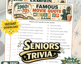 Trivia de películas: juego de preguntas y respuestas sobre citas de películas de los años 60 y 70 (imprimible). Ideal para romper el hielo en fiestas y para personas mayores. Descarga instantánea.