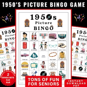 Gry bingo obrazkowe z lat 50. dla seniorów, karty bingo, 30 wyjątkowych kart bingo do druku | Nostalgia Bingo | Gra w bingo retro Reminiscing Therapy