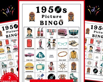 1950er Jahre Bild-Bingo-Spiele für Senioren-Bingokarten, 30 einzigartige druckbare Bingokarten | Nostalgie-Bingo | In Erinnerungen schwelgen | Ruhestand Heimspiel