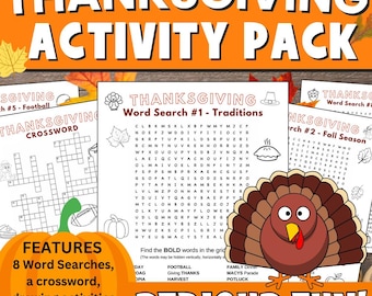 Thanksgiving Activity Pack, Thanksgiving Word Search, Crossword, Coloring Pages (Printable PDF)