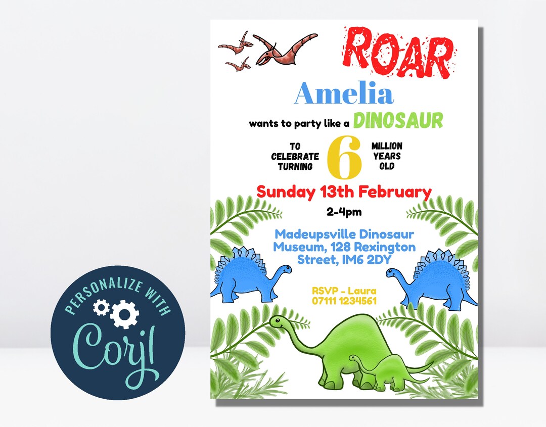 Dinosaur Party Invitation Kids Birthday Invitation Editable Etsy