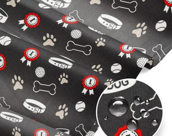 Water Resistant Fabric Oxford - Dog's paw, bowl and medal black